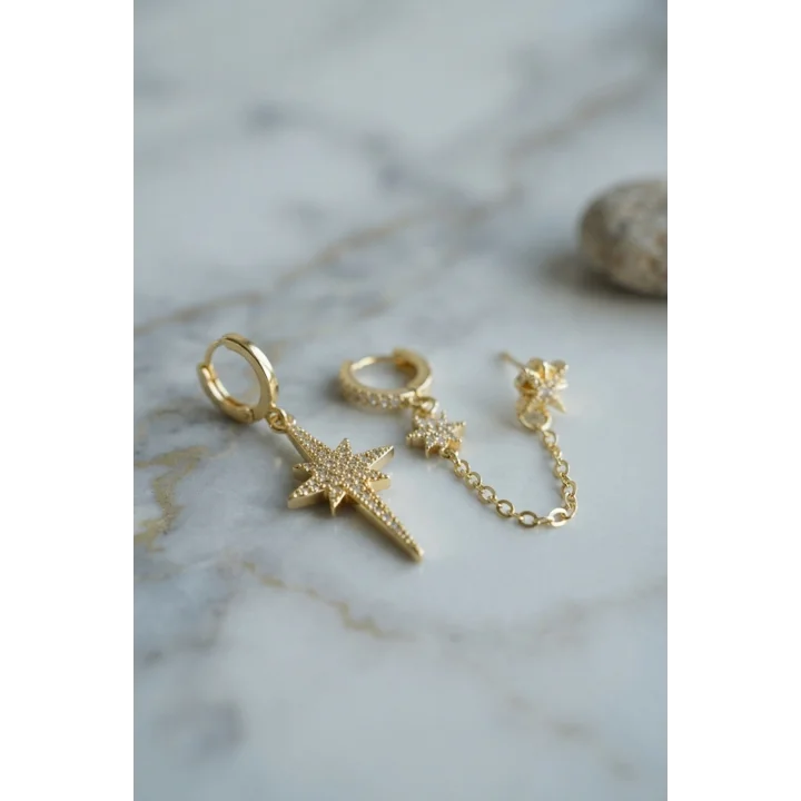 Mey İthalat® 3 lü Set Küpe Gold Renk Zincir Detaylı