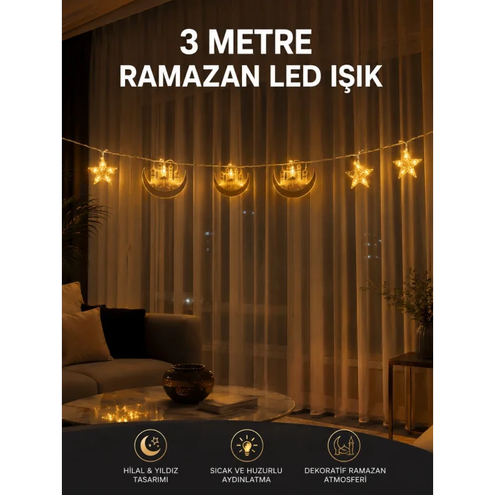 Mey İthalat® 3 Metre Ramazan LED Saçak Işık Ev İçi Dekoratif Aydınlatma