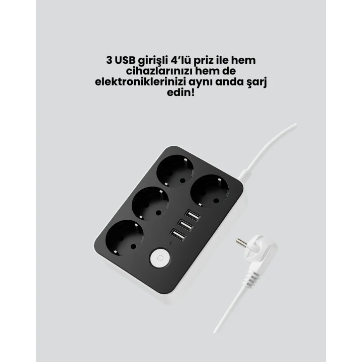 Mey İthalat® 3 USB Çıkışlı 4’lü Akıllı Priz 2500W 2 Metre Kablo