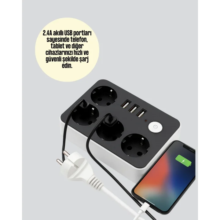 Mey İthalat® 3 USB Çıkışlı 4’lü Akıllı Priz 2500W 2 Metre Kablo