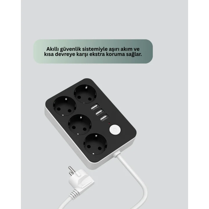 Mey İthalat® 3 USB Çıkışlı 4’lü Akıllı Priz 2500W 2 Metre Kablo