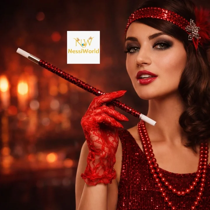 Mey İthalat® 30 cm Kırmızı Payetli Sigara Tutacağı – 1920’ler Gatsby Parti Aksesuarı