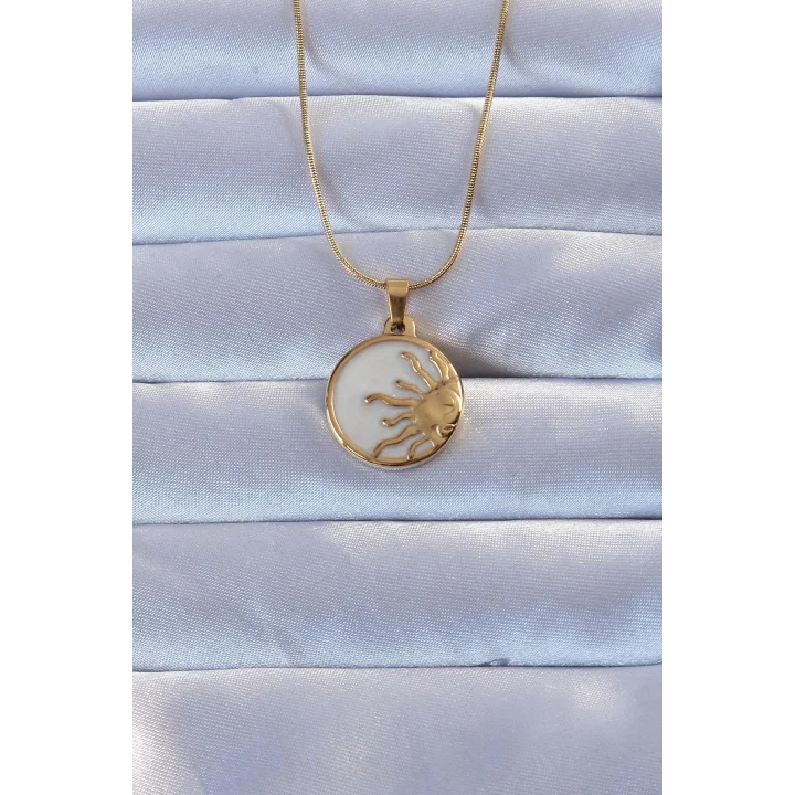 Mey İthalat® 316L Altın Renk Mineli Parlayan Güneş Kolye