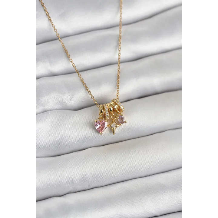 Mey İthalat® 316L Çelik Gold Pembe Zirkon Taşlı Charmlı Kadın Kolye