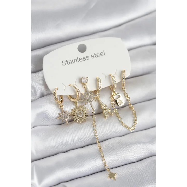 Mey İthalat® 316L Çelik Gold Renk 6lı Set Charmlı Kadın Küpe