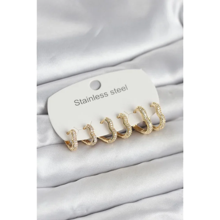 Mey İthalat® 316L Çelik Gold Renk 6lı Set Kalp Form Kadın Küpe