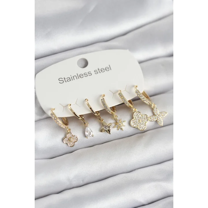 Mey İthalat® 316L Çelik Gold Renk 6lı Set Yonca Model Kadın Küpe