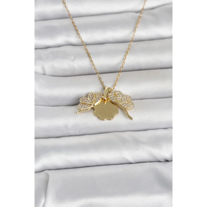 Mey İthalat® 316L Çelik Gold Renk Açılabilir Yonca Model Zirkon Taşlı Kadın Kolye