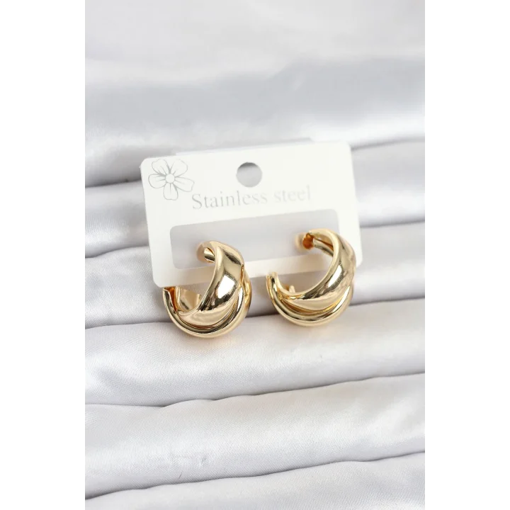 Mey İthalat® 316L Çelik Gold Renk Asimetrik Halka Model Kadın Küpe