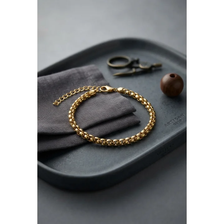 Mey İthalat® 316L Çelik Gold Renk Box Zincir Model Erkek Bileklik