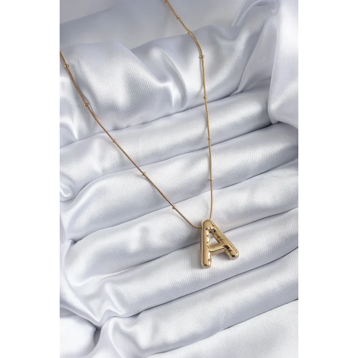 Mey İthalat® 316L Çelik Gold Renk Bubble A Harf Model Kadın Kolye