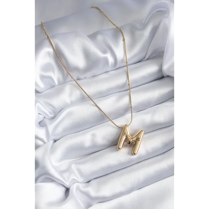 Mey İthalat® 316L Çelik Gold Renk Bubble M Harf Model Kadın Kolye
