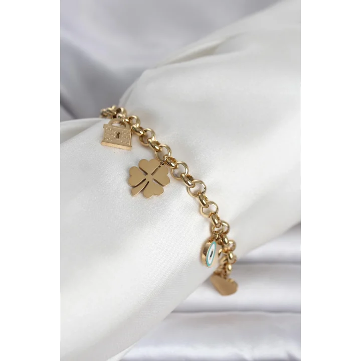 Mey İthalat® 316L Çelik Gold Renk Charmlı Kadın Bileklik