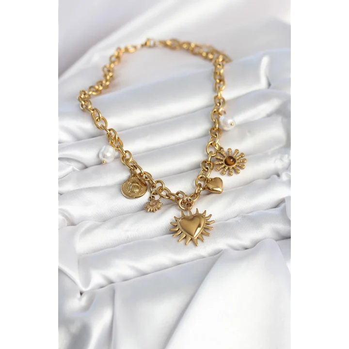 Mey İthalat® 316L Çelik Gold Renk Charmlı Model Kadın Kolye