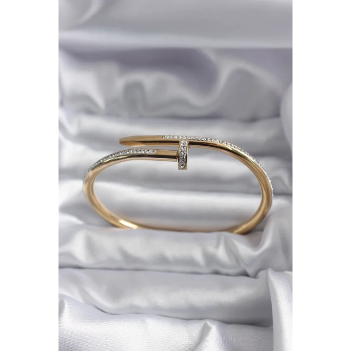 Mey İthalat® 316L Çelik Gold Renk Çivi Model Zirkon Taş Detay Kadın Bileklik