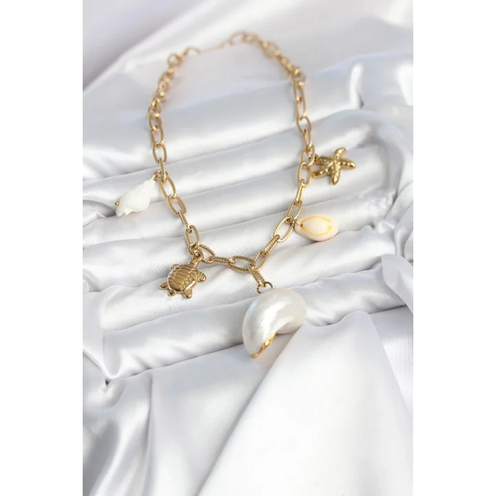 Mey İthalat® 316L Çelik Gold Renk Deniz Kabuğu Charmlı Kadın Kolye