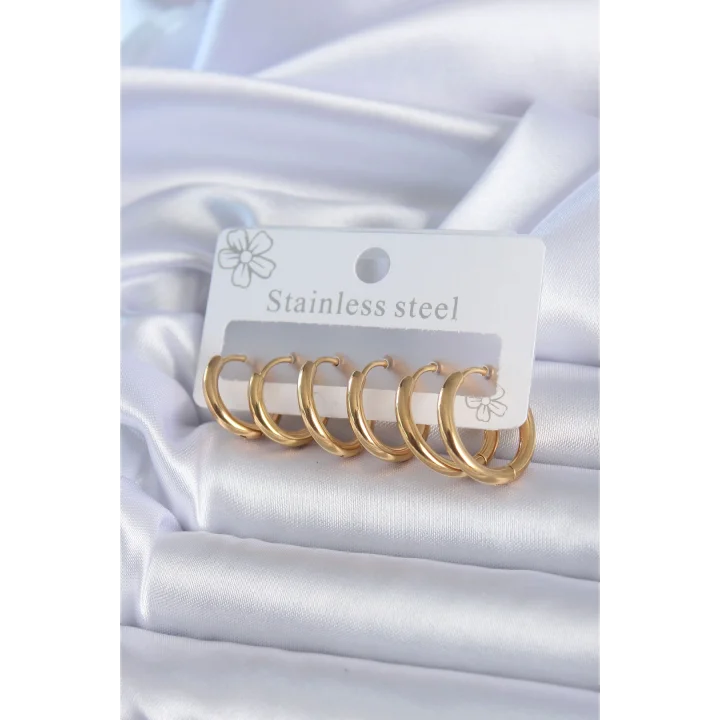 Mey İthalat® 316L Çelik Gold Renk Halka Model Kadın Küpe Seti
