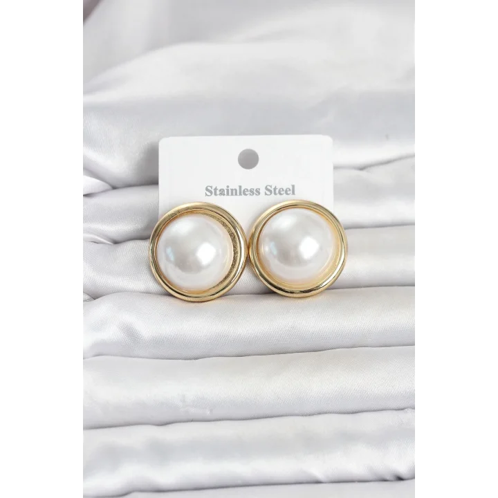 Mey İthalat® 316L Çelik Gold Renk İnci Model Vintage Kadın Küpe