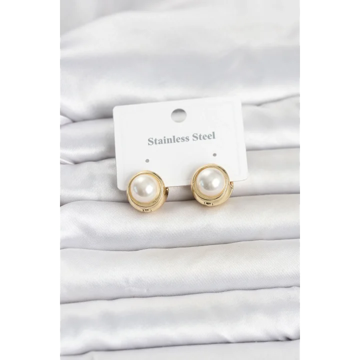 Mey İthalat® 316L Çelik Gold Renk İncili Model Kadın Küpe