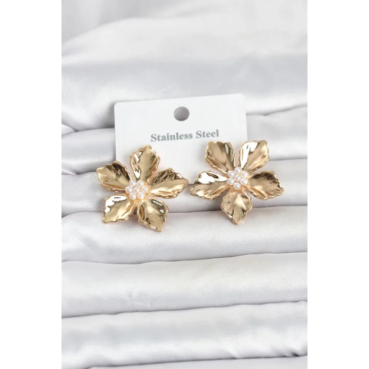 Mey İthalat® 316L Çelik Gold Renk Lotus Çiçek Model Kadın Küpe