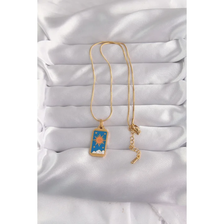Mey İthalat® 316L Çelik Gold Renk Mavi Mineli Güneş Model Tarot Kolye