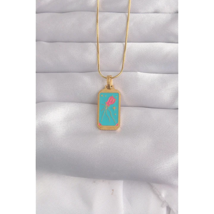 Mey İthalat® 316L Çelik Gold Renk Mavi Mineli Tarot Kolye