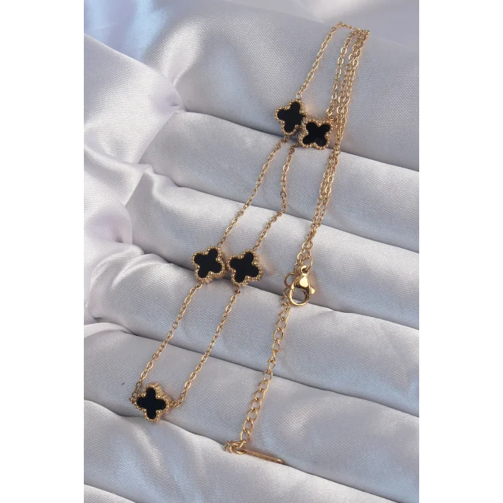 Mey İthalat® 316L Çelik Gold Renk Minimal Siyah Mineli Yonca Kolye