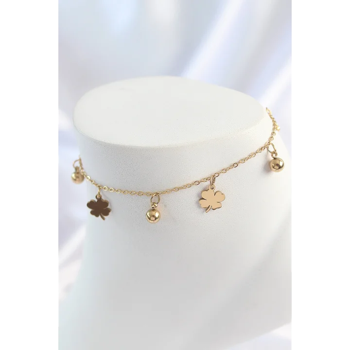Mey İthalat® 316L Çelik Gold Renk Sallantı Topçuk Yonca Model Kadın Halhal