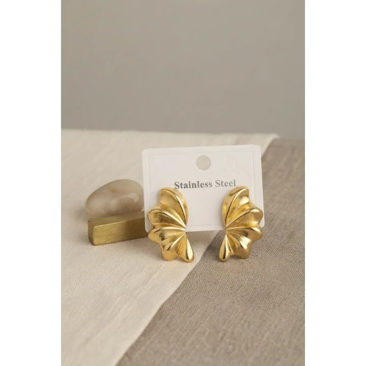 Mey İthalat® 316L Çelik Gold Renk Vintage 3D Dalgalı Model Küpe