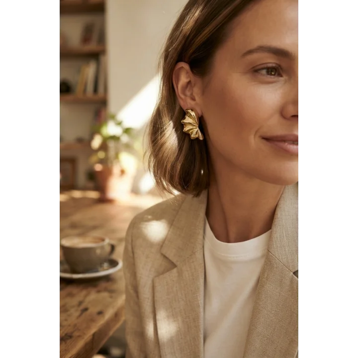 Mey İthalat® 316L Çelik Gold Renk Vintage 3D Dalgalı Model Küpe