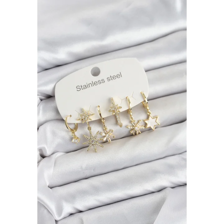 Mey İthalat® 316L Çelik Gold Renk Yıldız Model Zirkon Taşlı Kadın Küpe Seti