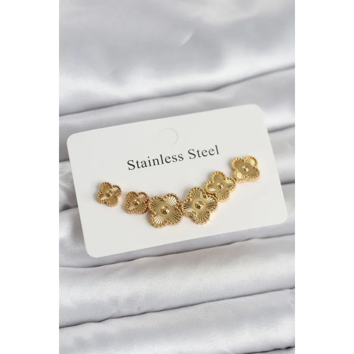 Mey İthalat® 316L Çelik Gold Renk Yonca Küpe Seti