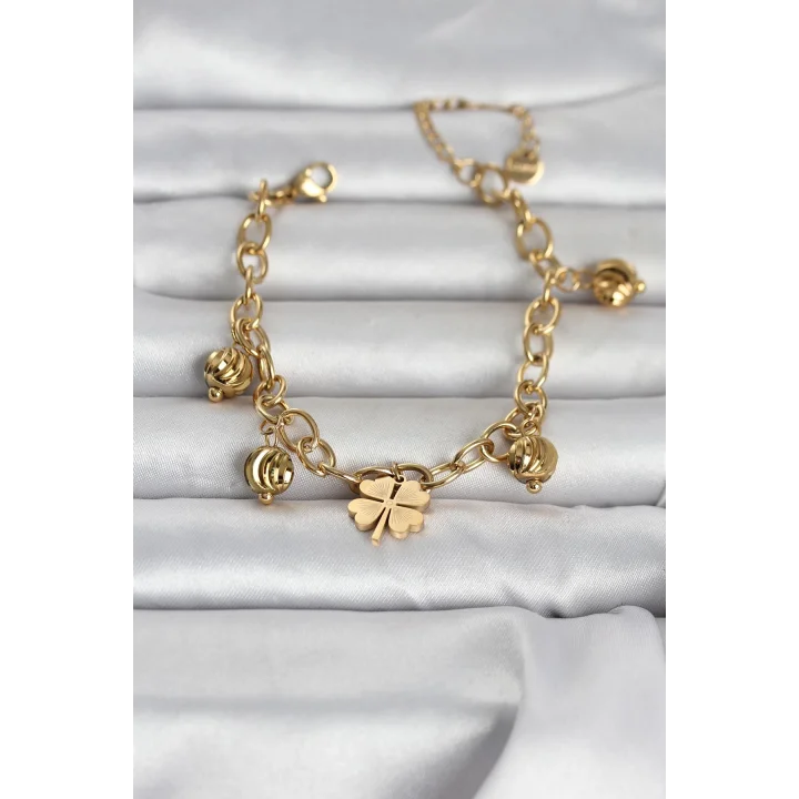 Mey İthalat® 316L Çelik Gold Renk Yonca ve Dorikalı Kadın Bileklik