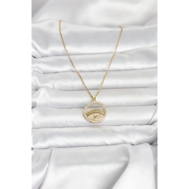 Mey İthalat® 316L Çelik Gold Renk Zirkon Taşlı Göz Model Kadın Kolye