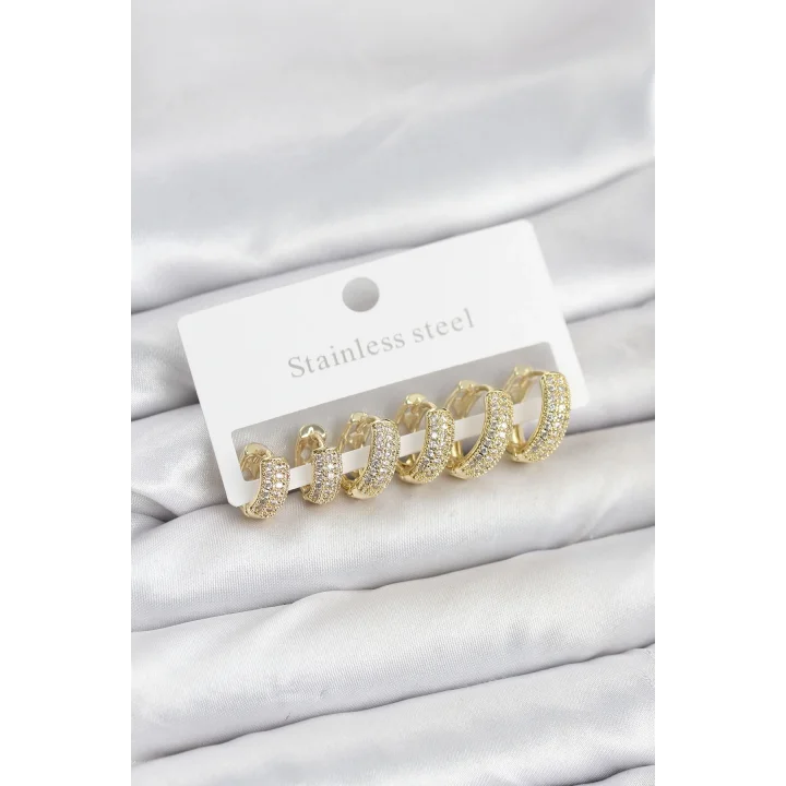 Mey İthalat® 316L Çelik Gold Renk Zirkon Taşlı Halka Küpe Seti