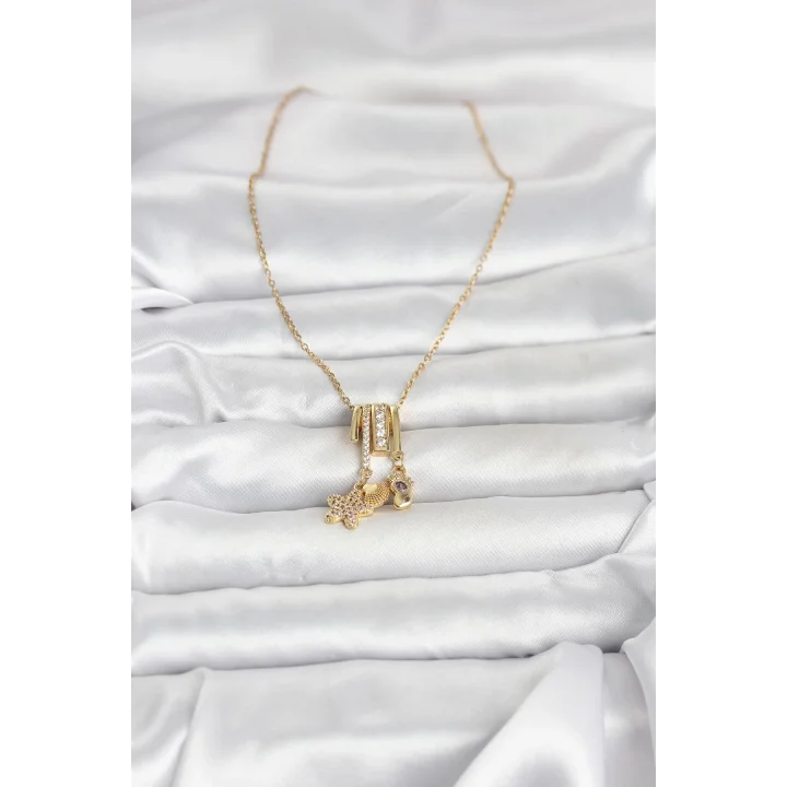 Mey İthalat® 316L Çelik Gold Zirkon Taşlı Deniz Tema Charmlı Kadın Kolye