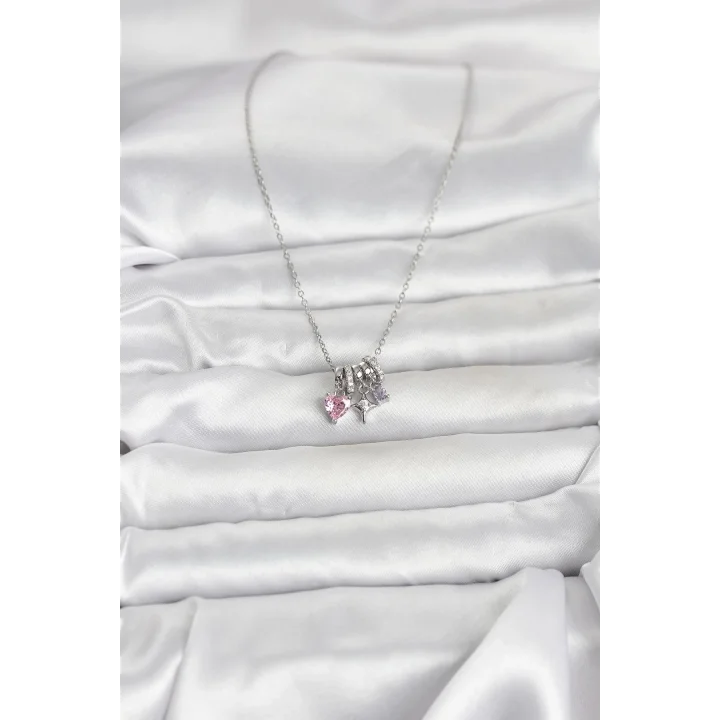 Mey İthalat® 316L Çelik Gümüş Pembe Zirkon Taşlı Charmlı Kadın Kolye