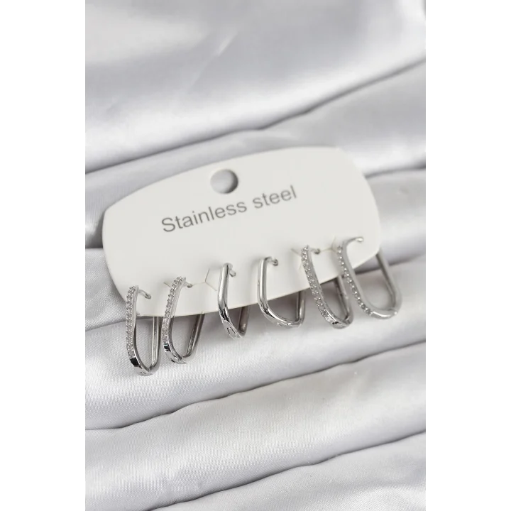 Mey İthalat® 316L Çelik Gümüş Renk 6lı Set Geometrik Model Kadın Küpe