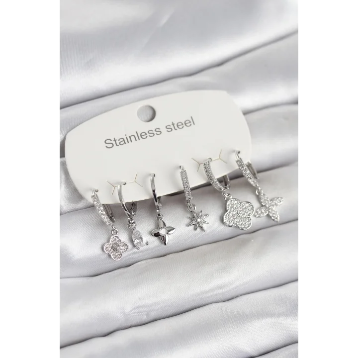 Mey İthalat® 316L Çelik Gümüş Renk 6lı Set Yonca Model Kadın Küpe