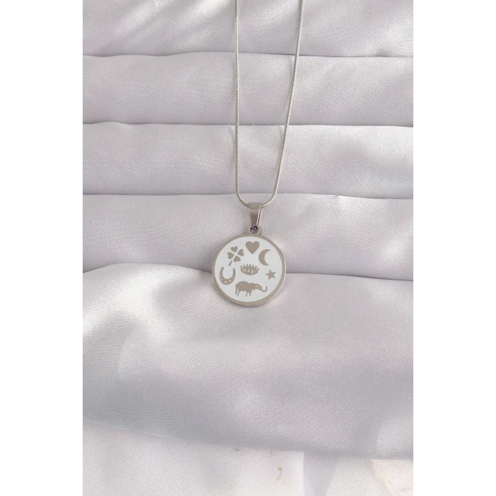 Mey İthalat® 316L Çelik Gümüş Renk Beyaz Mineli Karışık Figürlü Tarot Kolye