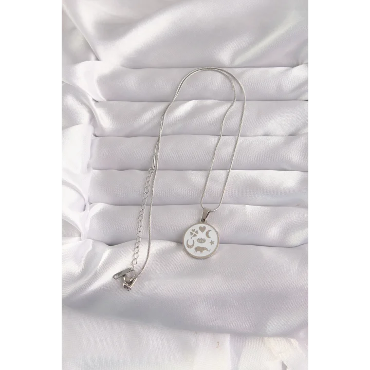 Mey İthalat® 316L Çelik Gümüş Renk Beyaz Mineli Karışık Figürlü Tarot Kolye
