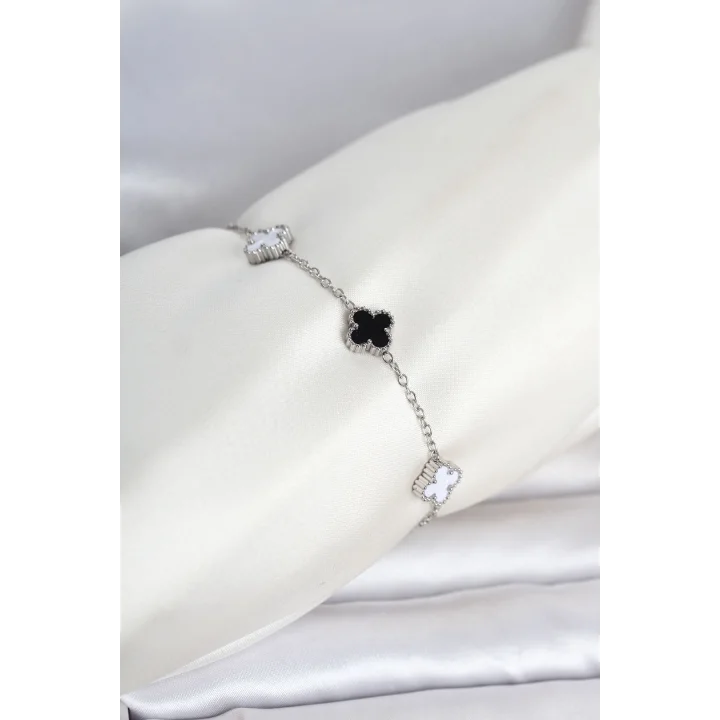 Mey İthalat® 316L Çelik Gümüş Renk Siyah Beyaz Baby Yonca Model Kadın Bileklik