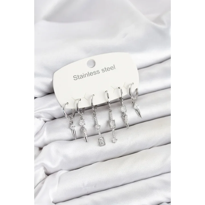 Mey İthalat® 316L Çelik Gümüş Renk Zirkon Taşlı Kadın Küpe Seti