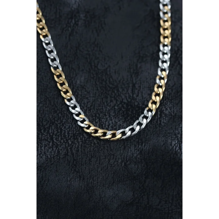 Mey İthalat® 316L Çelik Gümüş ve Gold Renk Curb Erkek Kolye