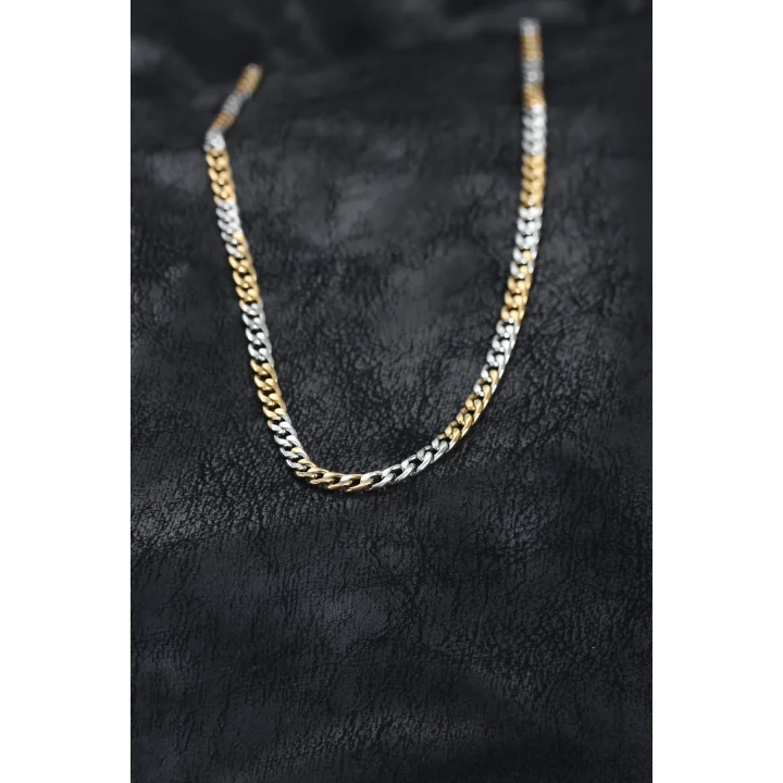 Mey İthalat® 316L Çelik Gümüş ve Gold Renk Curb Erkek Kolye
