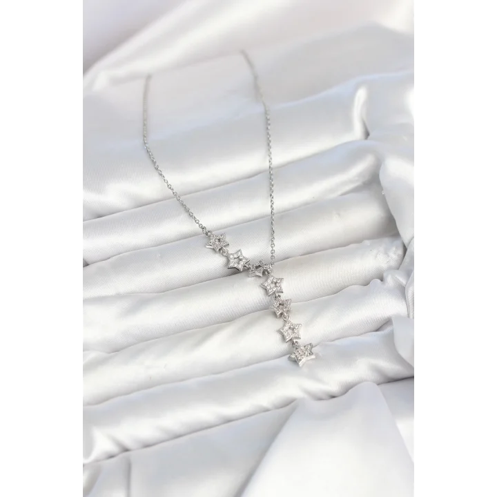 Mey İthalat® 316L Çelik Yıldız Model Gümüş Renk Zirkon Taşlı Kadın Kolye