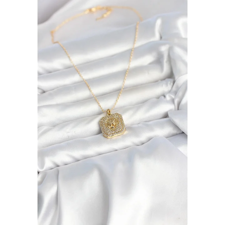 Mey İthalat® 316L Çelik Zincir Gold Aslan Madalyon Model Zirkon Taşlı Kadın Kolye