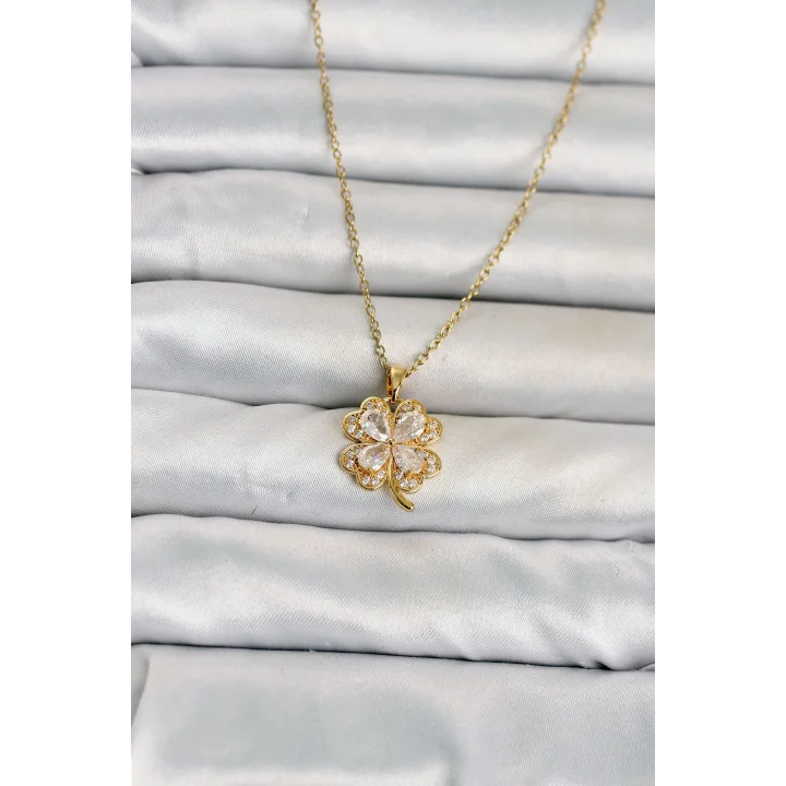Mey İthalat® 316L Çelik Zincir Gold Renk 4 Yapraklı Yonca Model Kadın Kolye