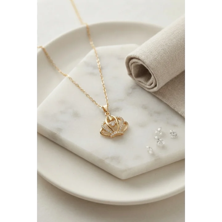 Mey İthalat® 316L Çelik Zincir Gold Renk Crown Model Kolye