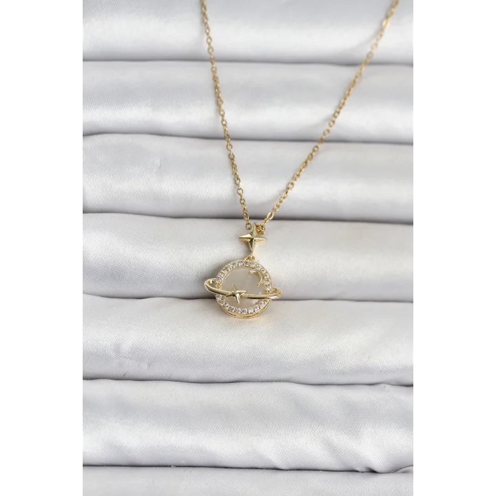 Mey İthalat® 316L Çelik Zincir Gold Renk Gezegen Model Kadın Kolye